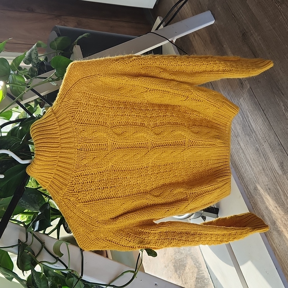 Crop, cowl neck, yellow knit sweater
